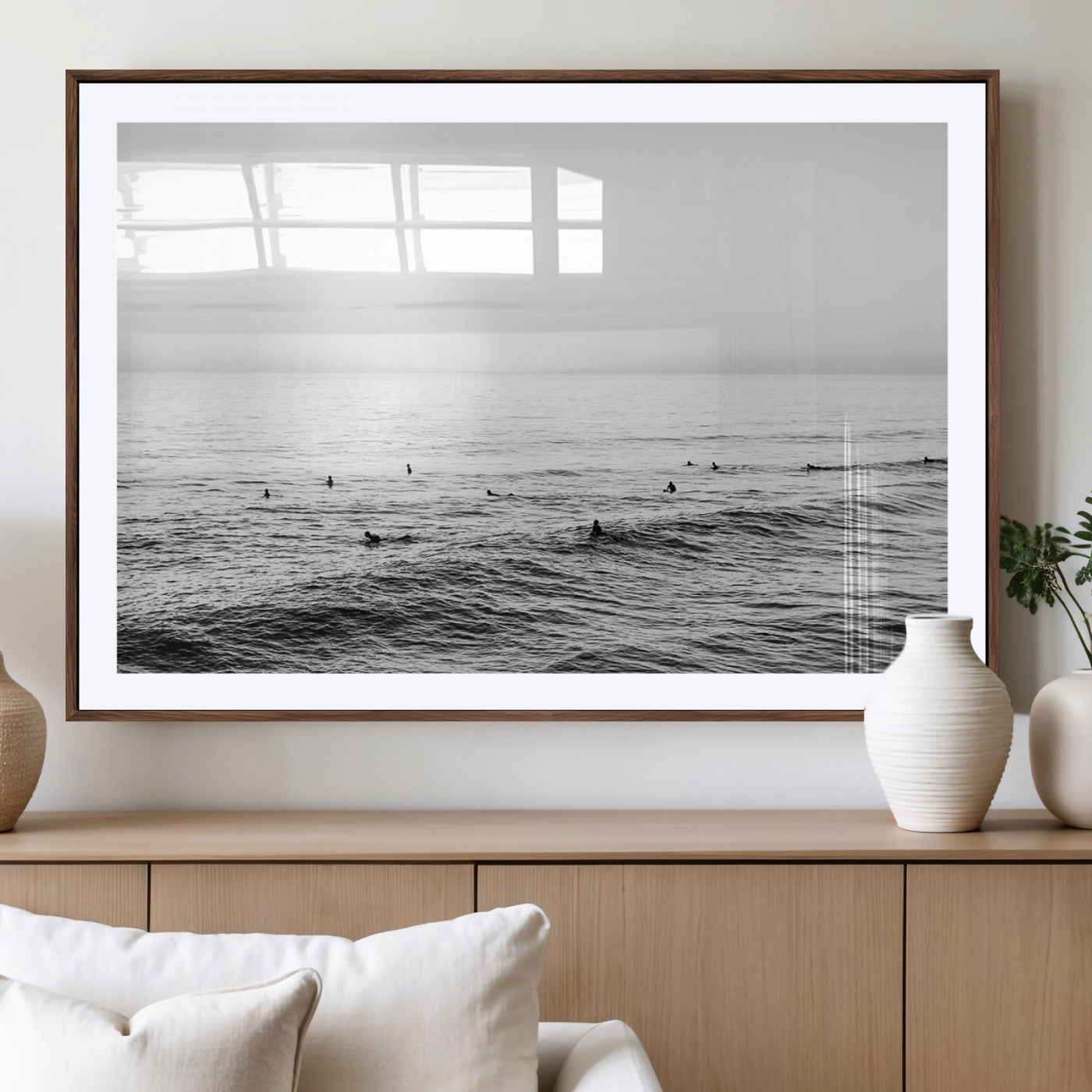 47208268-MGV-CV-36X24-Surfer Ocean Wall Art – Black and White Coastal Canvas Print, Minimalist Surfing Seascape Decor for Living Room, Bedroom, or Beach