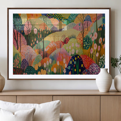 79636380-MGV-CV-36X24-Colorful Abstract Landscape Wall Art – Vibrant Hills and Flowers Canvas Print, Modern Whimsical Artwork for Living Room, Bedroom,
