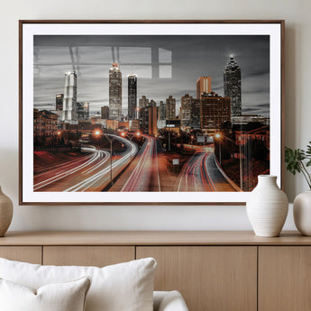 59097239-MGV-CV-36X24-City Skyline Wall Art – Modern Black and White Night Canvas Print with Red Light Trails, Urban Landscape Decor for Living Room or