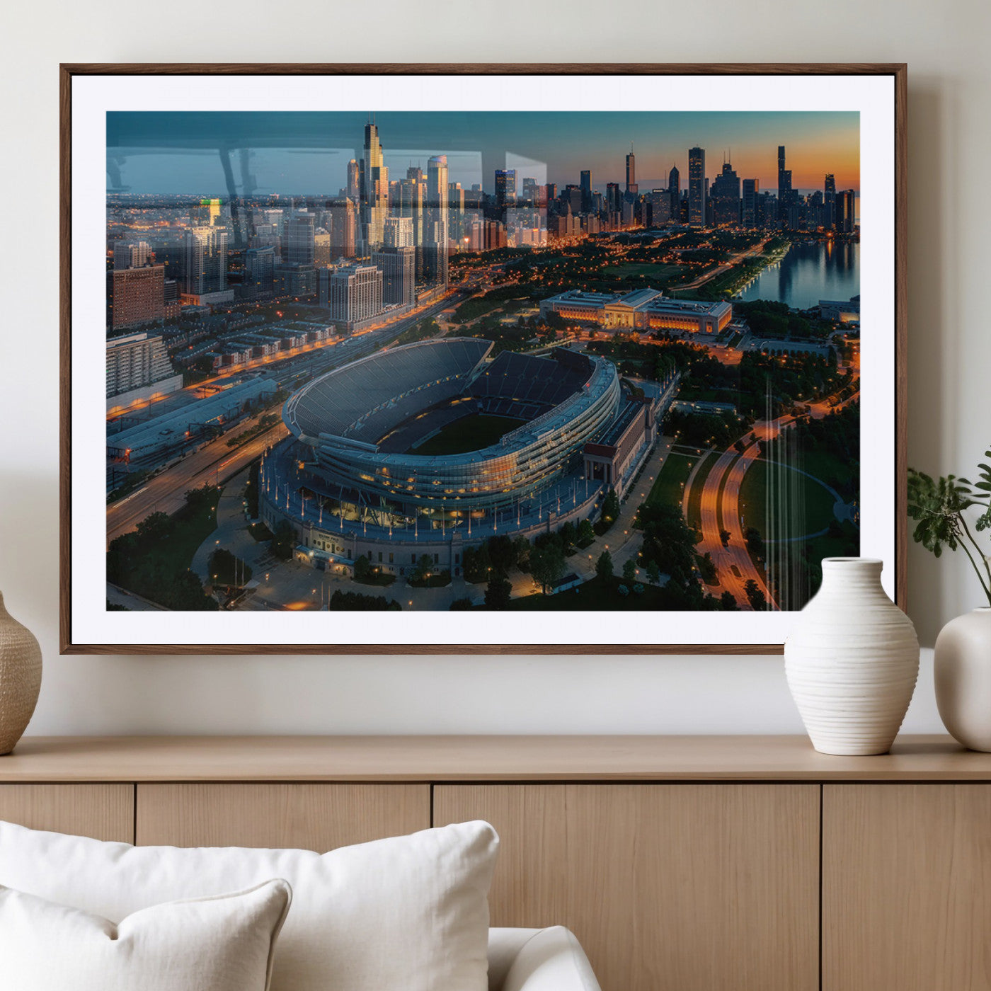 36690345-MGV-CV-36X24-Soldier Field Wall Art – Chicago Bears Stadium Aerial Night Canvas Print, City Skyline Football Decor for Living Room, Office, or