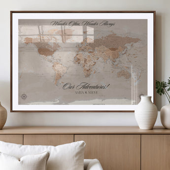 95243244-MGV-CV-36X24-Wander Often Wonder Always World Map Wall Art – Neutral Beige Adventure Canvas Print, Rustic Boho Travel Decor for Bedroom, Living