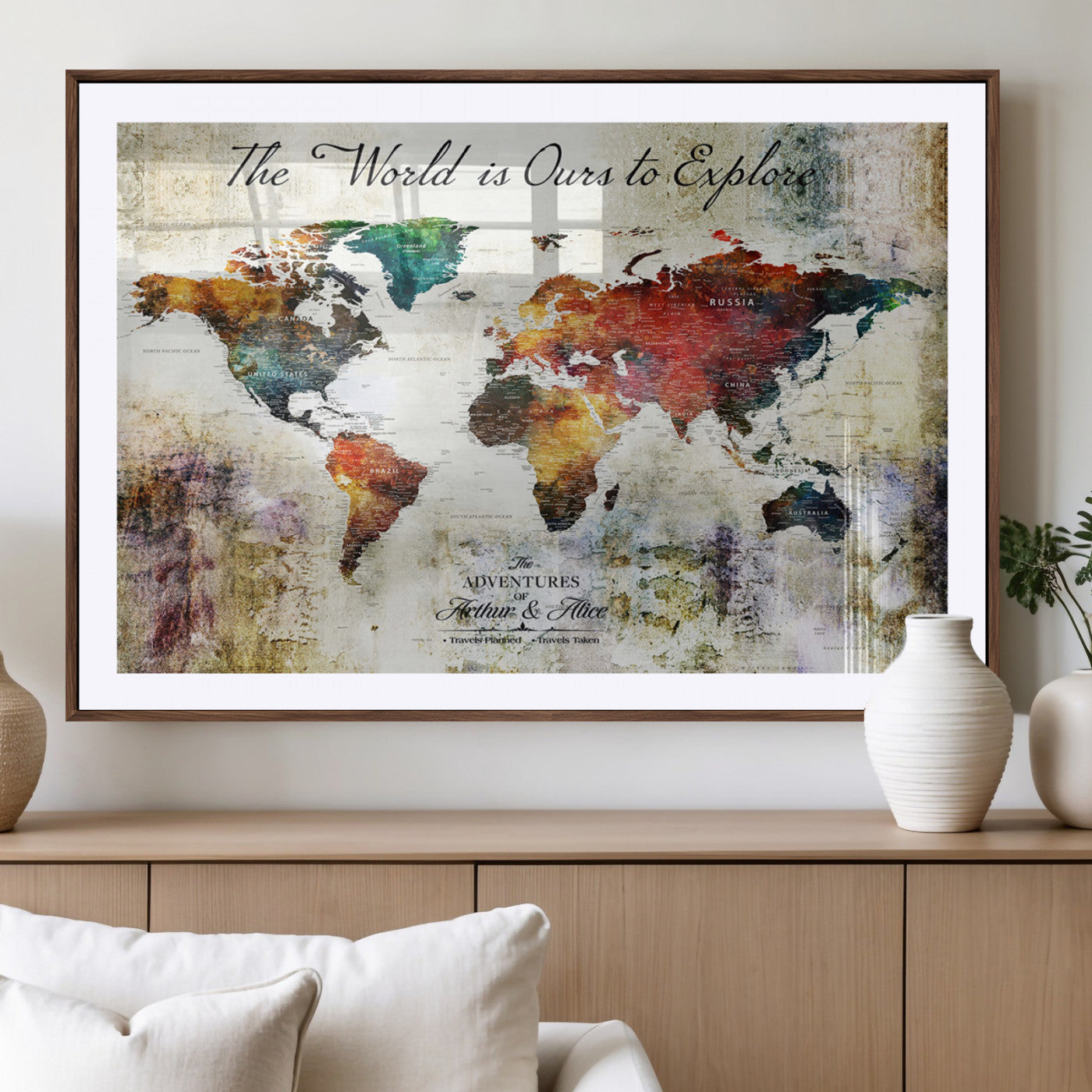26117097-MGV-CV-36X24-Personalized Push Pin World Map Canvas – Custom Framed Travel Tracker Wall Art for Home, Office
