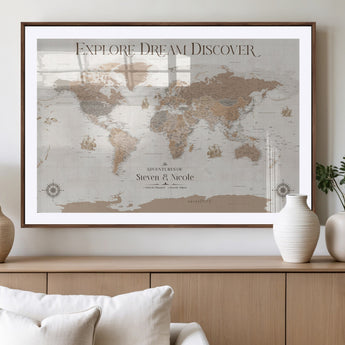 63516865-MGV-CV-36X24-Explore Dream Discover World Map Wall Art – Inspirational Travel Adventure Canvas Print, Neutral Parchment Style Explorer Decor