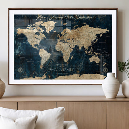 36970886-MGV-CV-36X24-Life is a Journey Not a Destination World Map Rustic Navy Beige Vintage Travel Wall Art Adventure Quote Canvas Print for Home