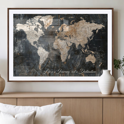 37848568-MGV-CV-36X24-Life is a Journey Not a Destination World Map Rustic Wood Texture Vintage Beige Navy Adventure Wall Art Canvas Print for Home