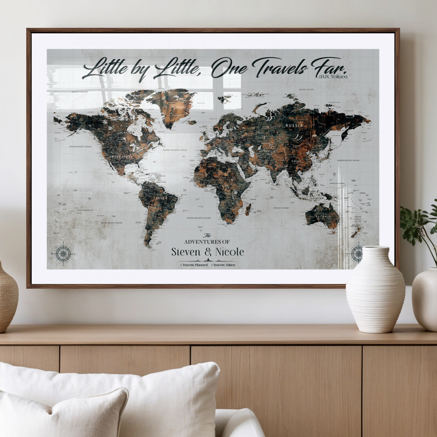 88337180-MGV-CV-36X24-Little by Little One Travels Far Tolkien Quote World Map Rustic Black Brown Adventure Wall Art Canvas Print for Home Office Living