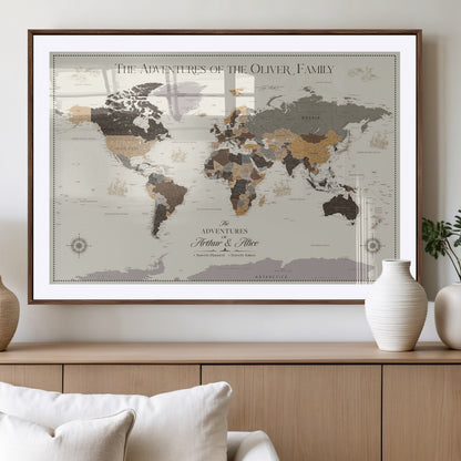 38723540-MGV-CV-36X24-Adventures of the Oliver Family Wall Art – Earth Tone World Map Canvas Print, Minimalist Travel Decor for Living Room, Bedroom or
