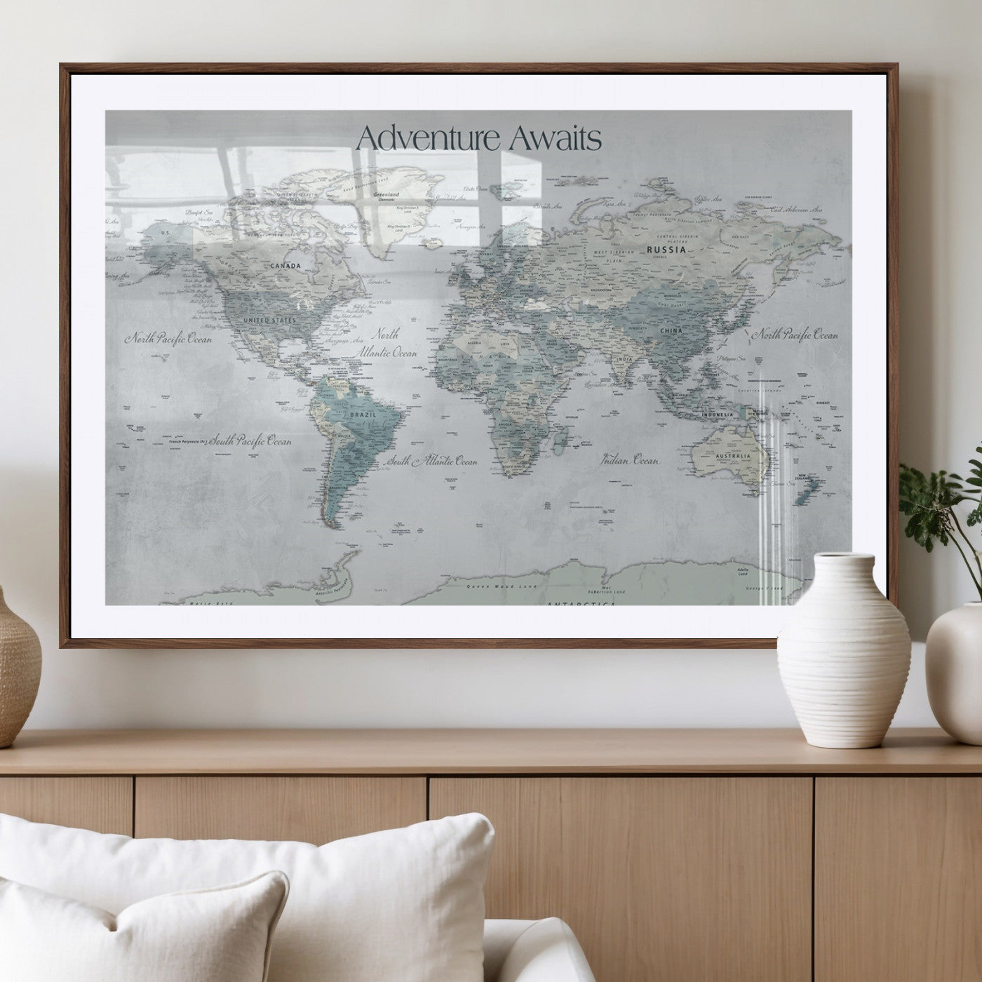 TEST111-MGV-CV-36X24-Personalized Adventure Awaits Push Pin World Map – Custom Framed Travel Tracker Canvas Wall Art for Home, Office