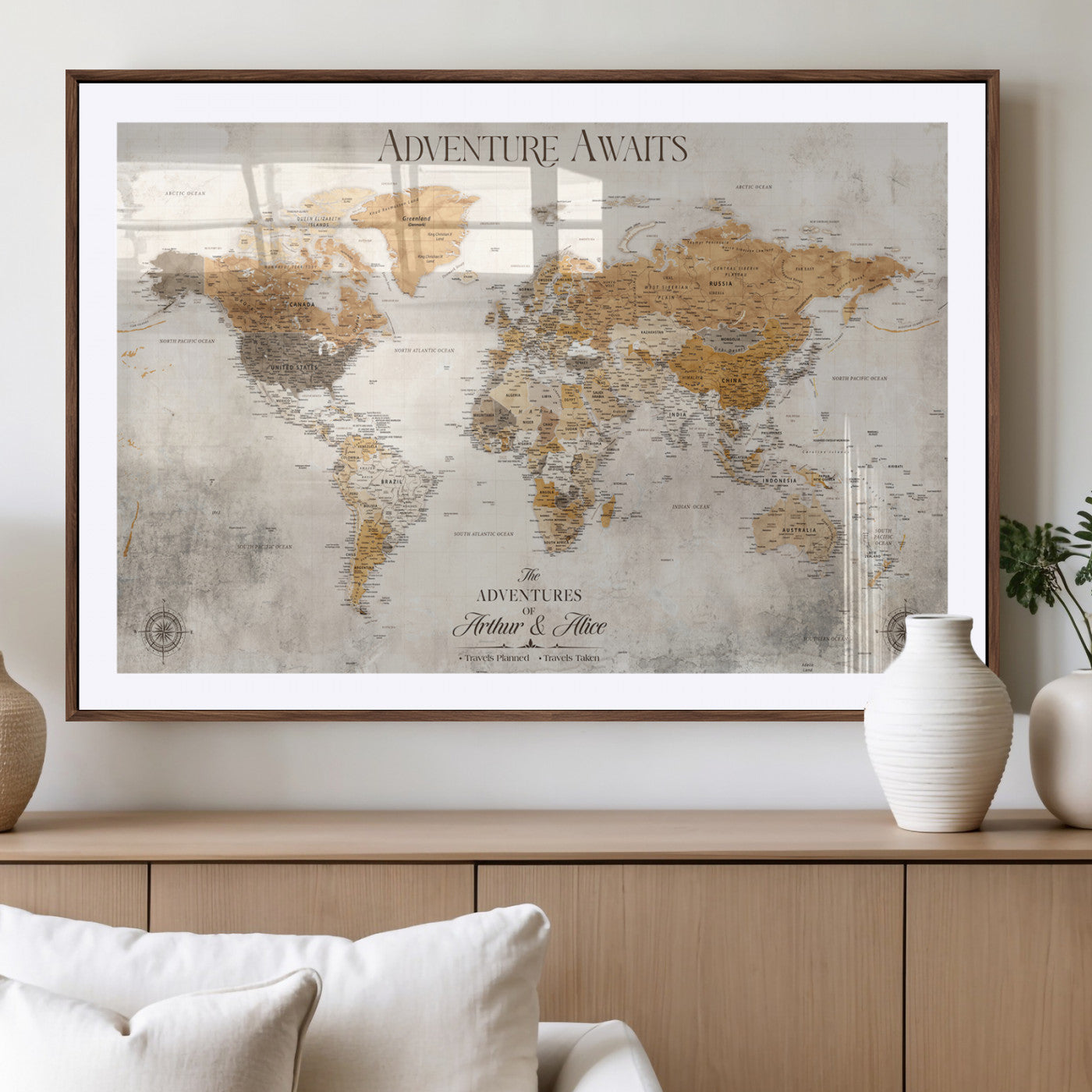 99422096-MGV-CV-36X24-Adventure Awaits World Map Wall Art – Neutral Beige Canvas Print, Modern Travel Inspired Wall Decor for Living Room, Bedroom or