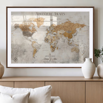 99422096-MGV-CV-36X24-Adventure Awaits World Map Wall Art – Neutral Beige Canvas Print, Modern Travel Inspired Wall Decor for Living Room, Bedroom or