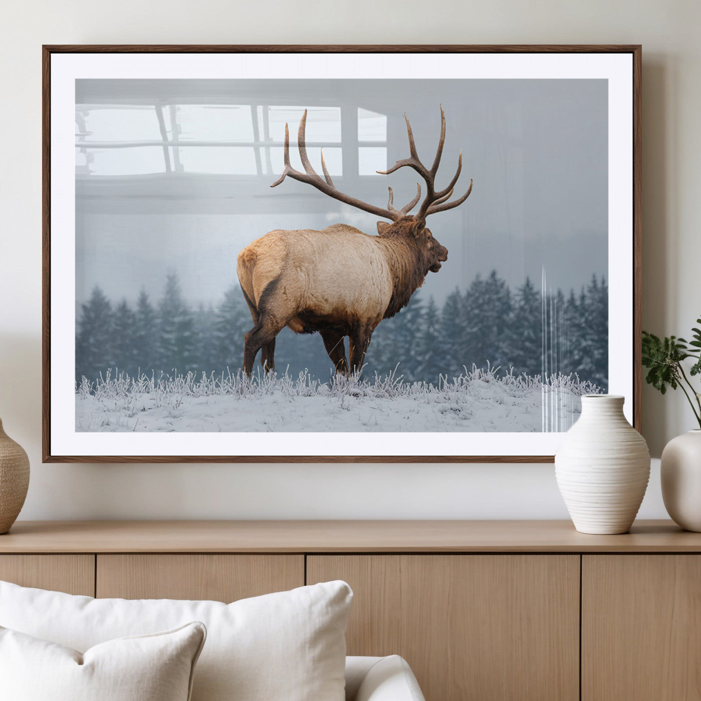 85177251-MGV-CV-36X24-Elk Wall Art – Majestic Wildlife Canvas Print of Bull Elk Snowy Forest, Rustic Nature Decor for Living Room, Cabin, or Office
