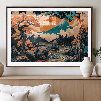 21638941-MGV-CV-36X24-Japanese Landscape Wall Art – Mount Fuji and Flowing River Ukiyo-e Style Canvas Print, Traditional Japan Inspired Artwork for