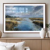 87082041-MGC-FP-36x24_Walnut-Painted Marshland Canvas Wall Art – Serene Water Reflection, Blue Sky, Golden Grass Landscape, Calm Nature Decor for Home, Office,