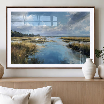 87082041-MGV-CV-36X24-Marshland Landscape Wall Art – Serene Nature Canvas Print with Blue Sky and Reflections, Tranquil Scenic Painting for Living Room,