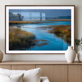 26300004-MGV-CV-36X24-Marshland Landscape Wall Art – Scenic Nature Canvas Print with Golden Grass and Blue Water, Peaceful River Photography for Living