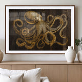 56769669-MGV-CV-36X24-Octopus Wall Art – Gold Nautical Canvas Print with Rustic Wood Panel Design, Detailed Marine Artwork for Coastal Ocean Decoration