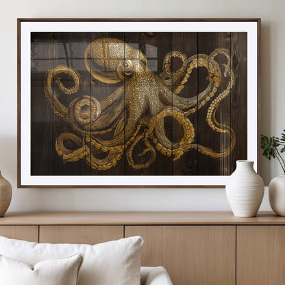 56769669-MGV-CV-36X24-Octopus Wall Art – Gold Nautical Canvas Print with Rustic Wood Panel Design, Detailed Marine Artwork for Coastal Ocean Decoration