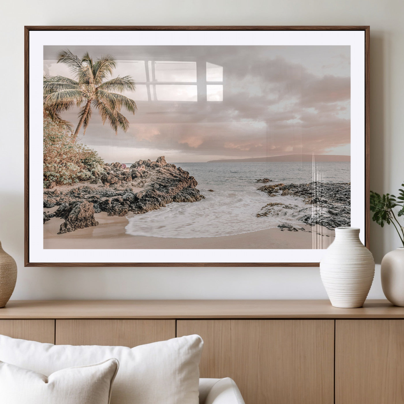 18005328-MGV-CV-36X24-Tropical Beach Wall Art – Coastal Ocean Canvas Print with Palm Tree, Sunset Sky and Rocky Shore, Serene Seascape Photography for