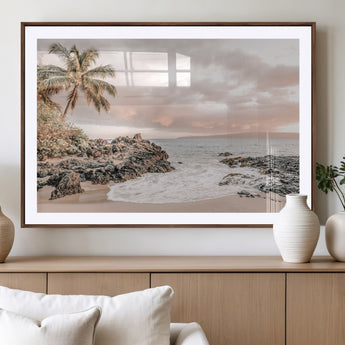 18005328-MGV-CV-36X24-Tropical Beach Wall Art – Coastal Ocean Canvas Print with Palm Tree, Sunset Sky and Rocky Shore, Serene Seascape Photography for