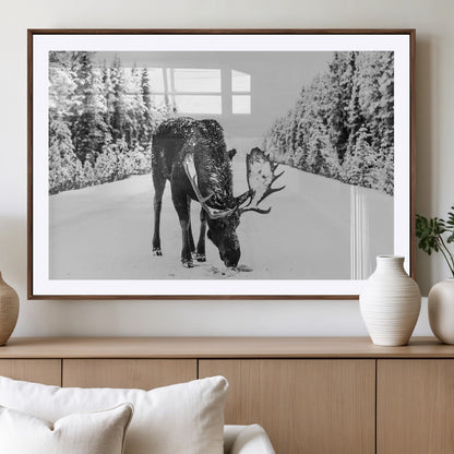 38956835-MGV-CV-36X24-Moose Winter Snowy Forest Canvas Wall Art – Wildlife Nature, Antlers in Frozen Landscape, Quiet Path, Cold Season Outdoors Print