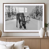 38956835-MGV-CV-36X24-Moose Wall Art – Black and White Wildlife Canvas Print with Snowy Forest Road, Rustic Nature Photography for Cabin, Lodge, Living