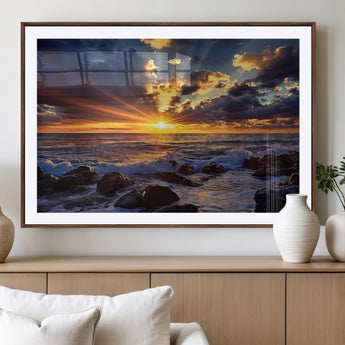 35900590-MGV-CV-36X24-Sunset Ocean Waves Canvas Wall Art – Rocky Shore, Dramatic Sky, Golden Sun Rays, Coastal Beauty, Serene Water Motion for Living