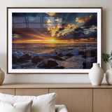 35900590-MGV-CV-36X24-Ocean Sunset Wall Art – Vivid Seascape Canvas Print with Sunburst Sky, Crashing Waves and Rocky Shore, Dramatic Coastal