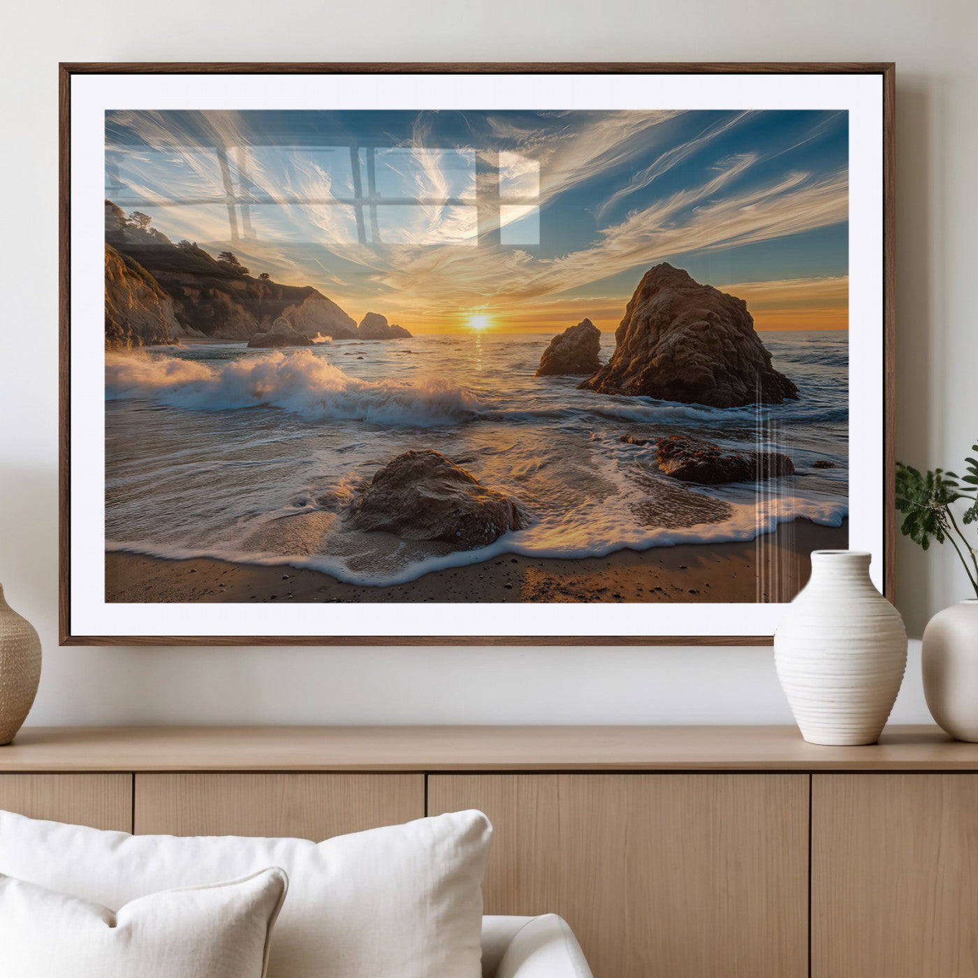 85659923-MGV-CV-36X24-Rocky Ocean Sunset Canvas Wall Art – Seaside Dramatic Seascape Print, Coastal Modern Decor, Ocean Sunset Art for Living Room or