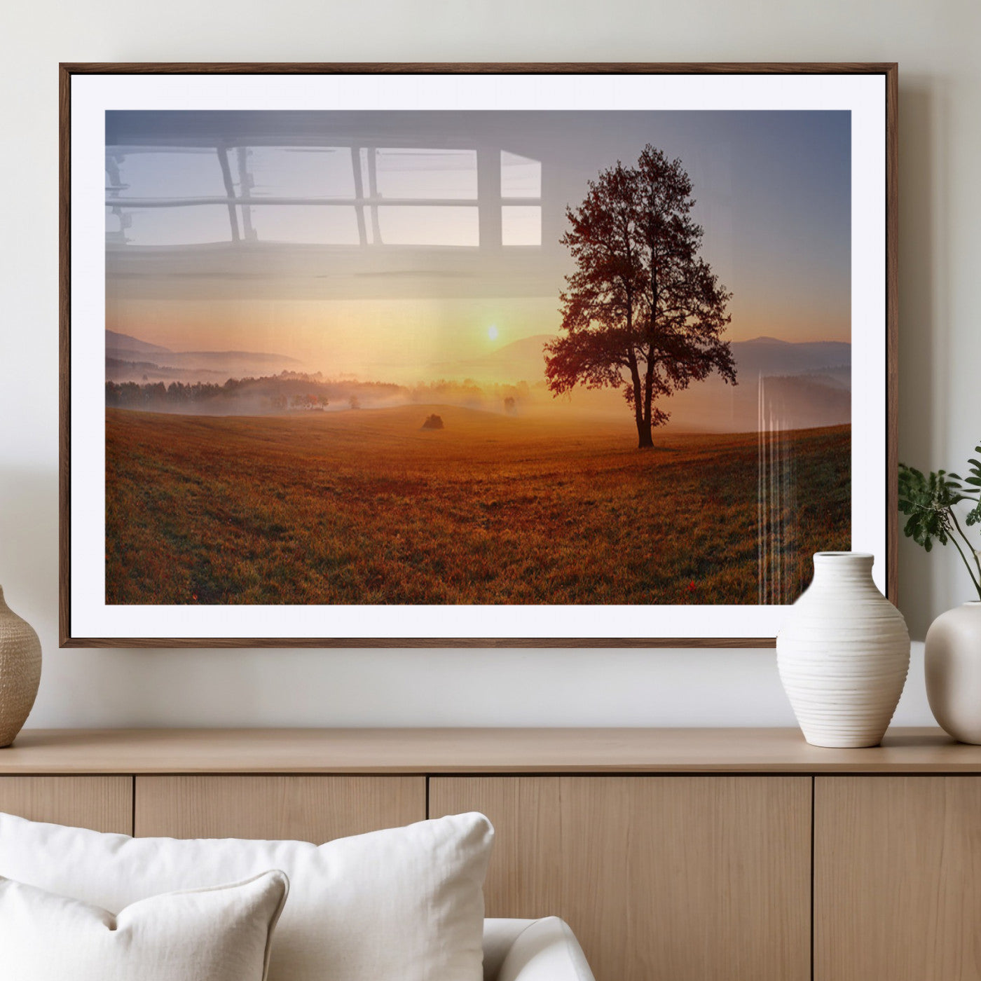 57919623-MGV-CV-36X24-Sunrise Landscape Wall Art – Golden Morning Canvas Print with Tree, Misty Hills and Open Field, Peaceful Nature Photography for