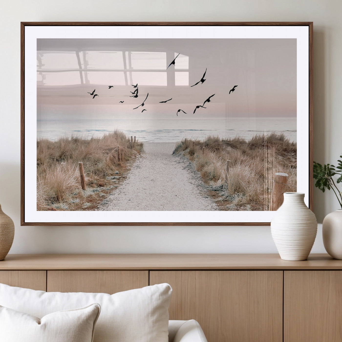 34632598-MGV-CV-36X24-Coastal Pathway Canvas Wall Art – Framed Seaside Landscape, Large Beach and Birds Canvas Print for Home, Office, or Living Room