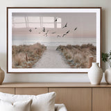 34632598-MGV-CV-36X24-Beach Pathway Wall Art – Coastal Canvas Print with Sandy Trail, Flying Birds and Pastel Sky, Serene Ocean Landscape Photography