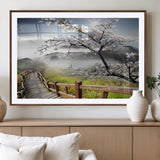 34632598CRY-MGV-CV-36X24-Cherry Blossom Wall Art – Scenic Asian Landscape Canvas Print with Wooden Walkway, Misty Mountains and Sunrise, Serene Nature