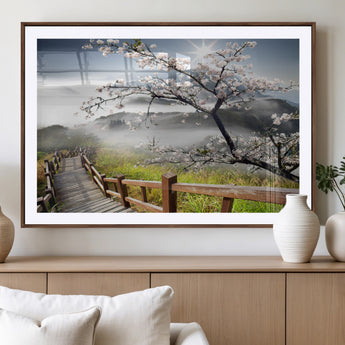 34632598CRY-MGV-CV-36X24-Cherry Blossom Wall Art – Scenic Asian Landscape Canvas Print with Wooden Walkway, Misty Mountains and Sunrise, Serene Nature
