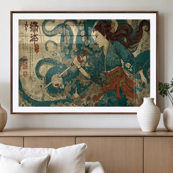 46837670-MGC-FP-36x24_Walnut-Tsukioka Yoshitoshi Samurai Wall Art Print, Japanese Katana Warrior Canvas Wall Art, Octopus Sea Monster Canvas Print,