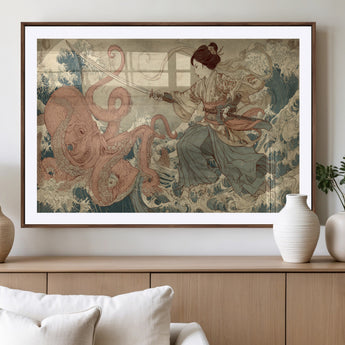 54879547-MGC-FP-36x24_Walnut-Tsukioka Yoshitoshi Samurai Wall Art Print, Japanese Katana Warrior Canvas Wall Art, Octopus Sea Monster Canvas Print,