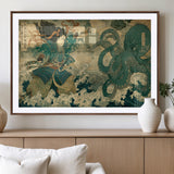 24416422-MGC-FP-36x24_Walnut-Tsukioka Yoshitoshi Samurai Wall Art Print, Japanese Katana Warrior Canvas Wall Art, Octopus Sea Monster Canvas Print,