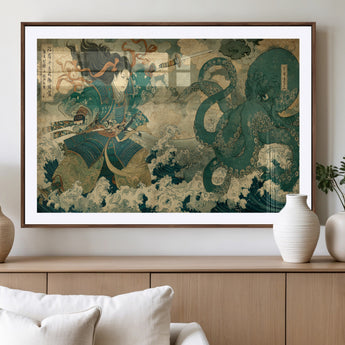 24416422-MGC-FP-36x24_Walnut-Tsukioka Yoshitoshi Samurai Wall Art Print, Japanese Katana Warrior Canvas Wall Art, Octopus Sea Monster Canvas Print,