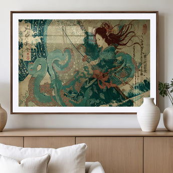 86918027-MGC-FP-36x24_Walnut-Tsukioka Yoshitoshi Samurai Wall Art Print, Japanese Katana Warrior Canvas Wall Art, Octopus Sea Monster Canvas Print,