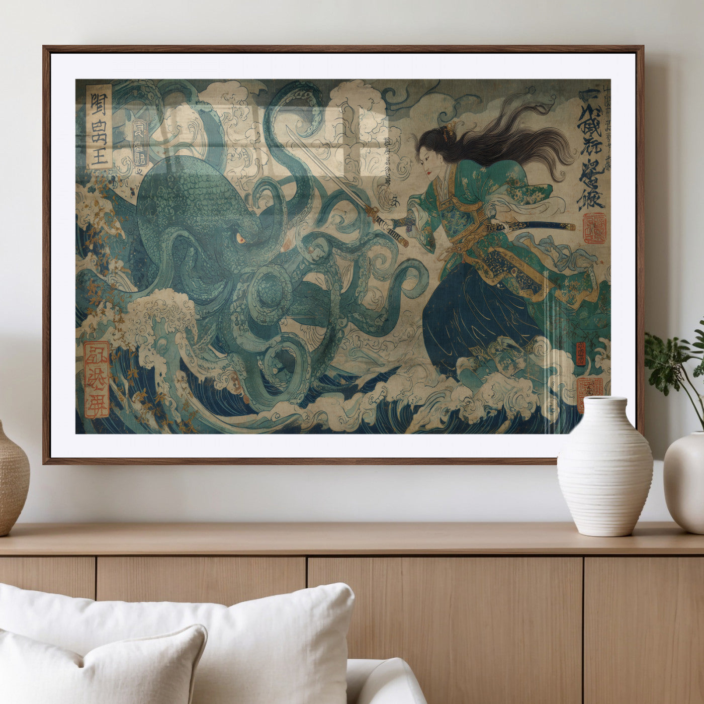 60346622-MGV-CV-36X24-Samurai Warrior vs Octopus Wall Art – Japanese Ukiyo-e Style Ocean Battle Canvas Print, Traditional Samurai Artwork for Living