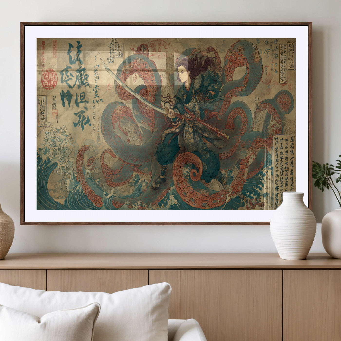 98593115-MGV-CV-36X24-Samurai Warrior vs Octopus Wall Art – Japanese Ukiyo-e Calligraphy Canvas Print, Ocean Battle Scene Artwork for Living Room,