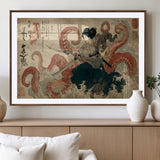50812504-MGC-FP-36x24_Walnut-Tsukioka Yoshitoshi Samurai Wall Art Print, Japanese Katana Warrior Canvas Wall Art, Octopus Sea Monster Canvas Print,