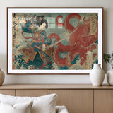 68844327-MGC-FP-36x24_Walnut-Tsukioka Yoshitoshi Samurai Wall Art Print, Japanese Katana Warrior Canvas Wall Art, Octopus Sea Monster Canvas Print,