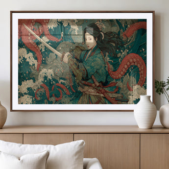 35461724-MGV-CV-36X24-Samurai Woman vs Octopus Wall Art – Japanese Ukiyo-e Ocean Waves Canvas Print, Red Tentacle Battle Artwork for Living Room,
