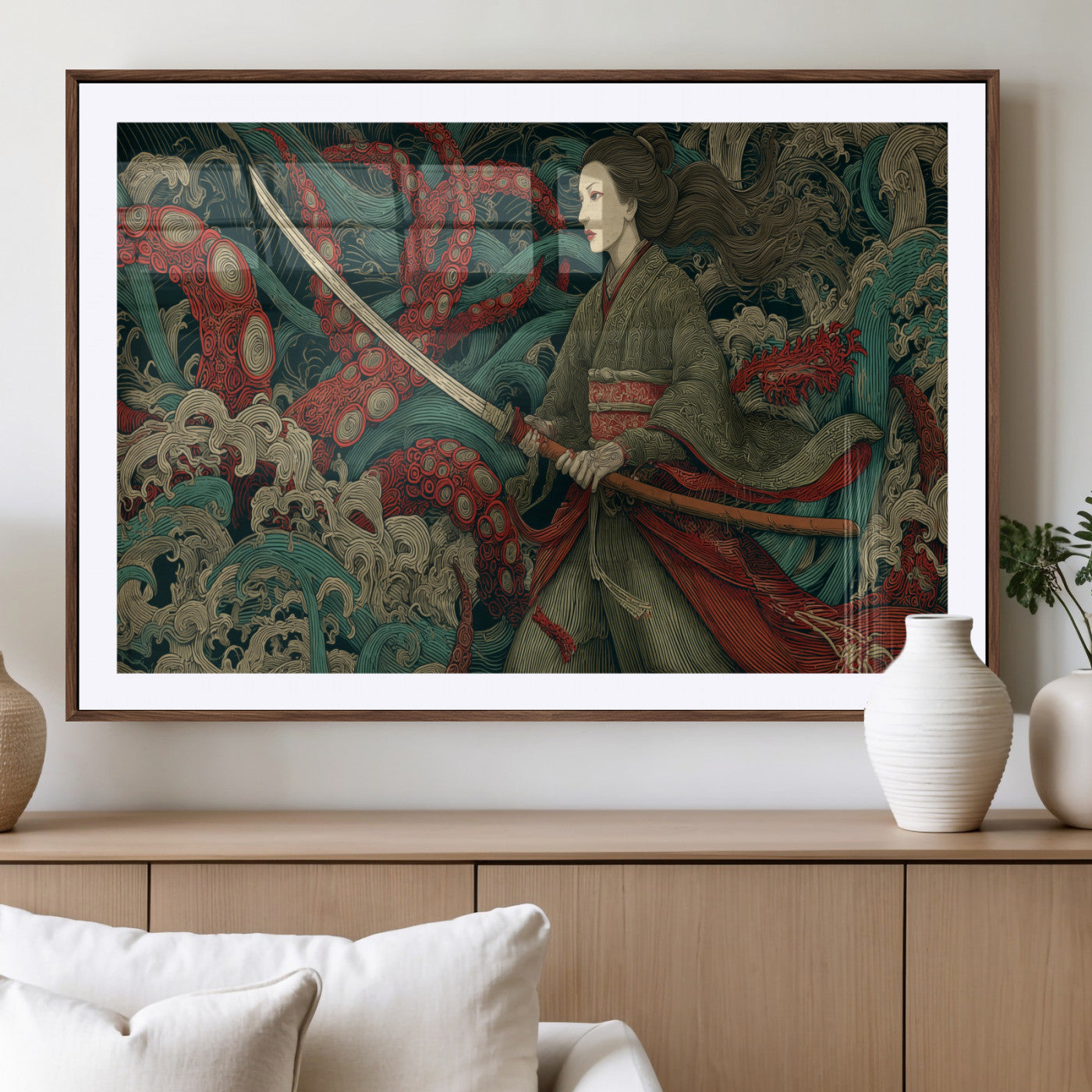 18902796-MGV-CV-36X24-Samurai Woman vs Octopus Wall Art – Japanese Ukiyo-e Green Kimono Canvas Print, Ocean Battle Scene Artwork for Living Room,