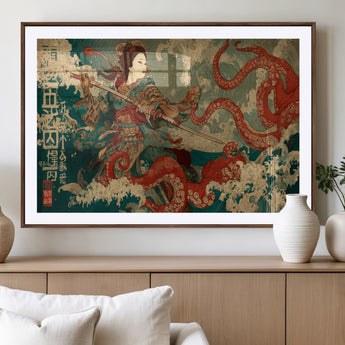 60201267-MGV-CV-36X24-Samurai Woman vs Octopus Wall Art – Japanese Ukiyo-e Armor Canvas Print, Red Tentacle Ocean Battle Artwork for Living Room,