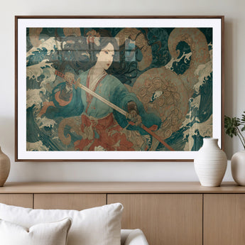 79740258-MGC-FP-36x24_Walnut-Tsukioka Yoshitoshi Samurai Wall Art Print, Japanese Katana Warrior Canvas Wall Art, Octopus Sea Monster Canvas Print,