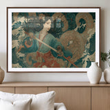 79740258-MGV-CV-36X24-Samurai Woman vs Octopus Wall Art – Japanese Ukiyo-e Blue Kimono Canvas Print, Ocean Battle Artwork for Living Room, Office, Man