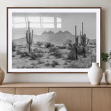 97436PHN-MGV-CV-36X24-Desert Landscape Wall Art – Black and White Cactus and Mountain Canvas Print, Southwestern Nature Photography for Living Room,
