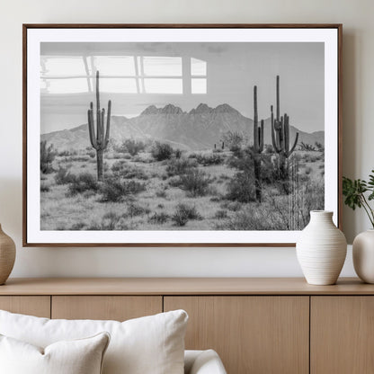 97436PHN-MGV-CV-36X24-Desert Landscape Wall Art – Black and White Cactus and Mountain Canvas Print, Southwestern Nature Photography for Living Room,