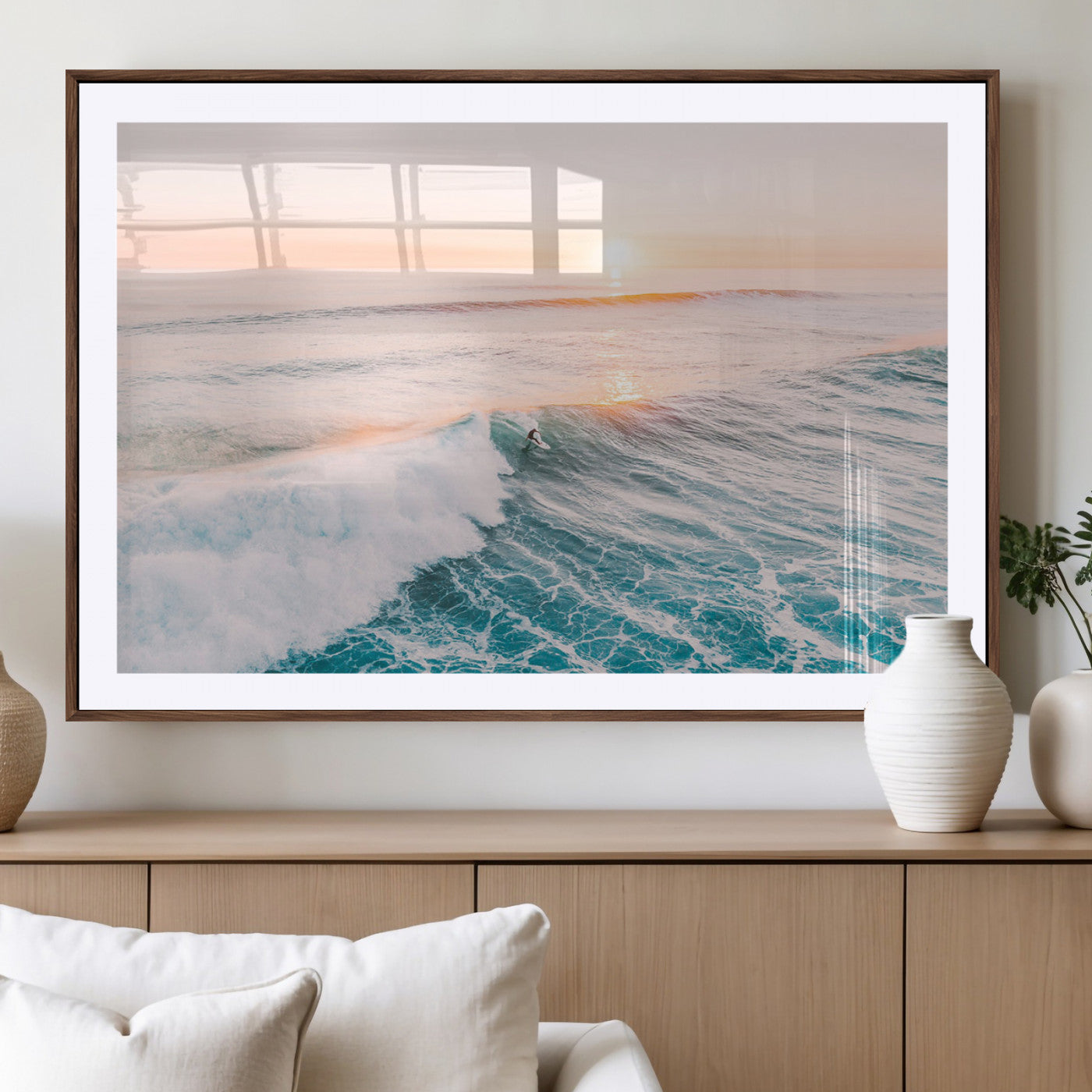 34064591-MGV-CV-36X24-Surfing Wall Art – Sunset Ocean Wave Canvas Print, Surfer Riding Sea Photography Decor for Bedroom, Living Room, Office, Coastal